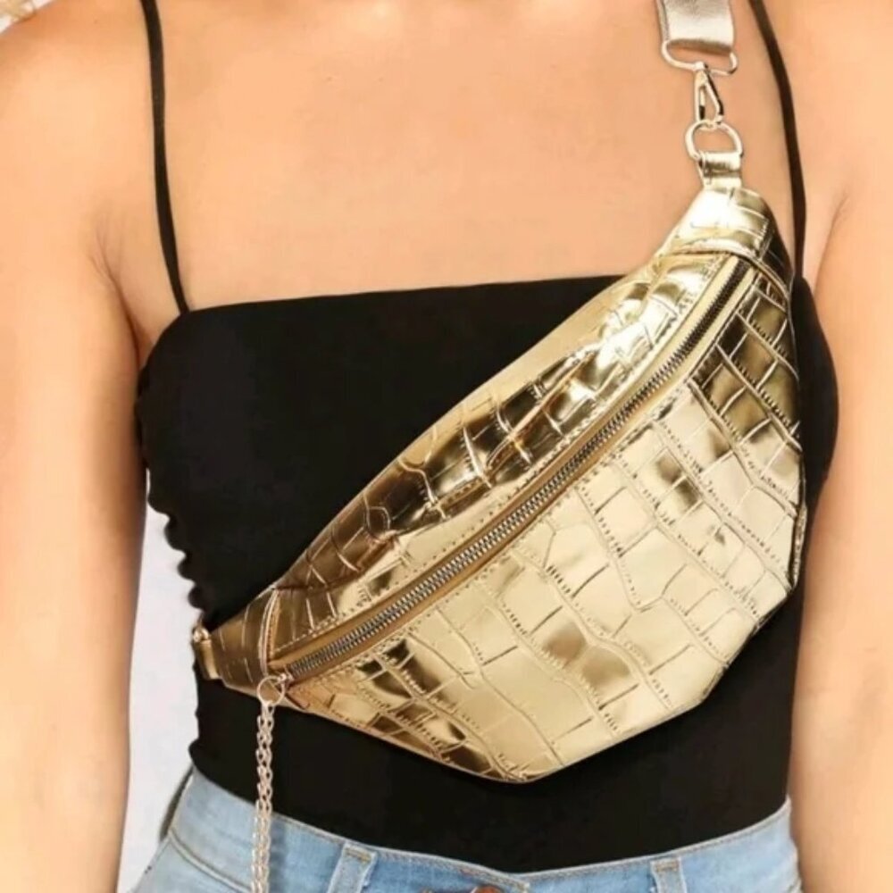 Gold Metallic Purse Belt Bag Sling Faux Croc w/ Guitar Strap